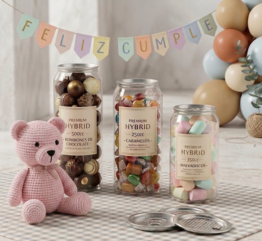 Latas para cumpleaños infantiles con bombones, caramelos y malvadiscos
